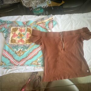 Two Guess blouses, one floral and one carmelite